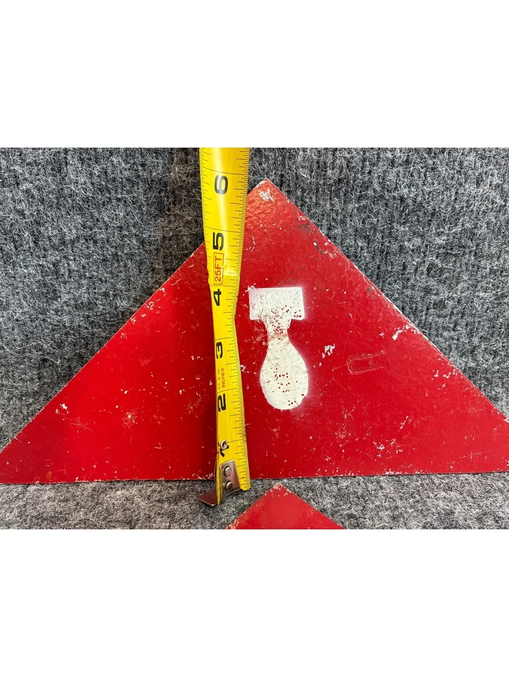 Vintage Military Red Metal Triangular Warning Signs with Bomb Symbol - Set of 2